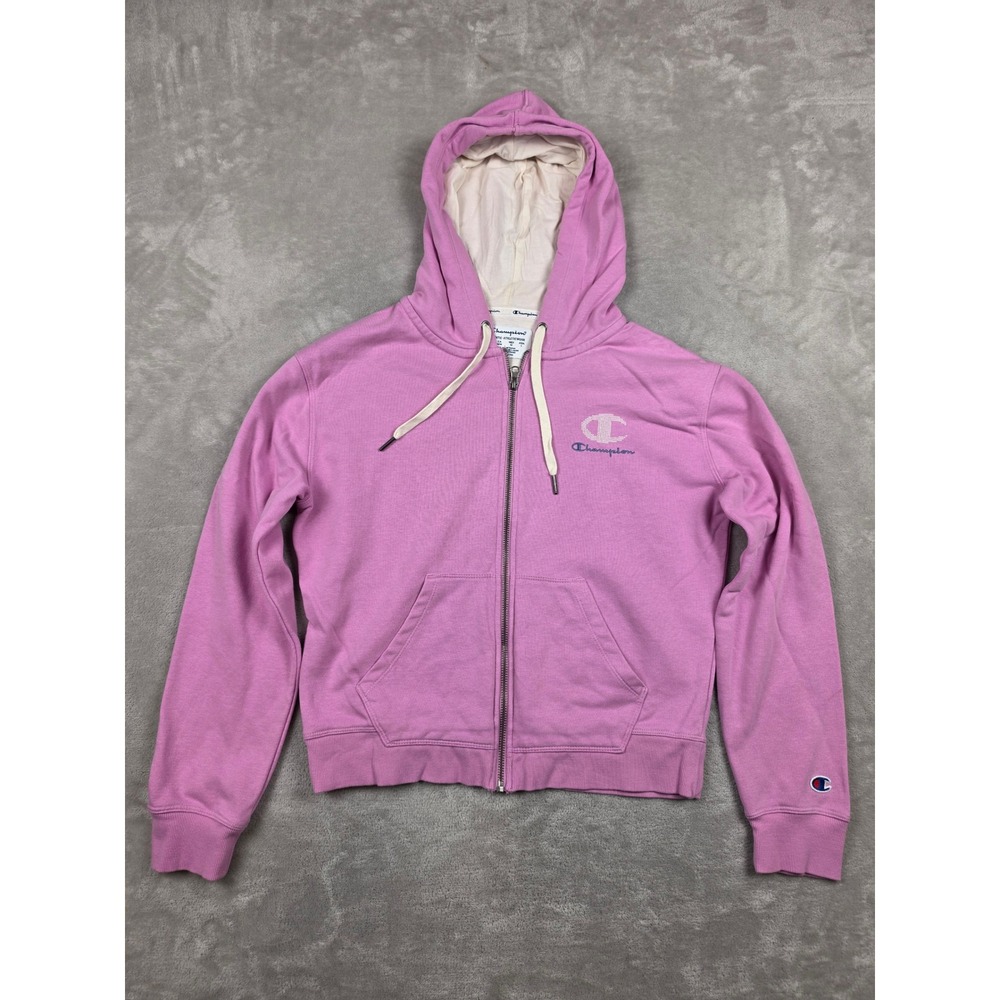 Champion Full‎ Zip Hoodie Womens Medium Pink Logo Drawstring Sweatshirt